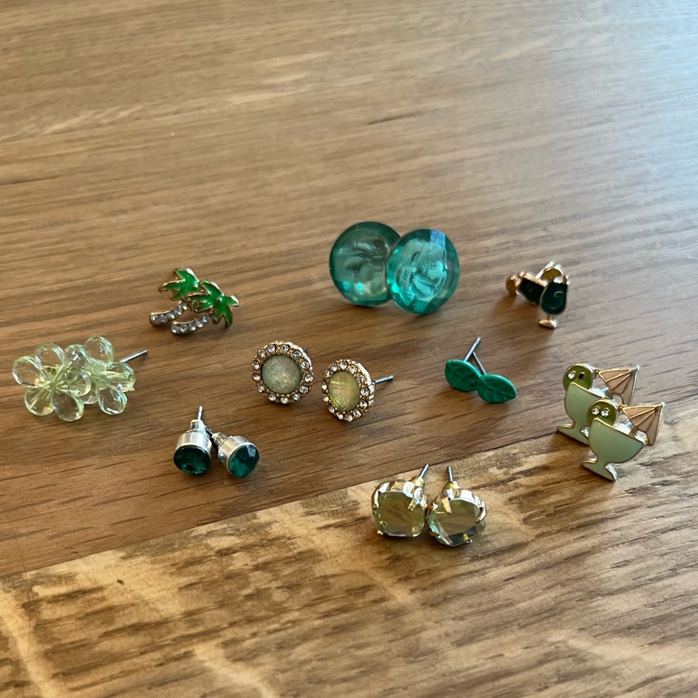 9 pair of GREEN stud earrings!! Great condition! Make a statement everywhere!